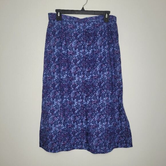 Vintage 90s blue purple linen blend midi abstract floral print skirt size large - Picture 1 of 6